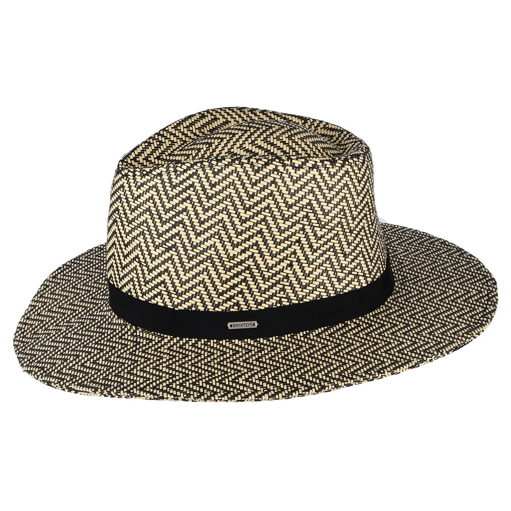 Brixton Hats Carolina Herringbone Packable Toyo Straw Fedora Hat - Black-Natural