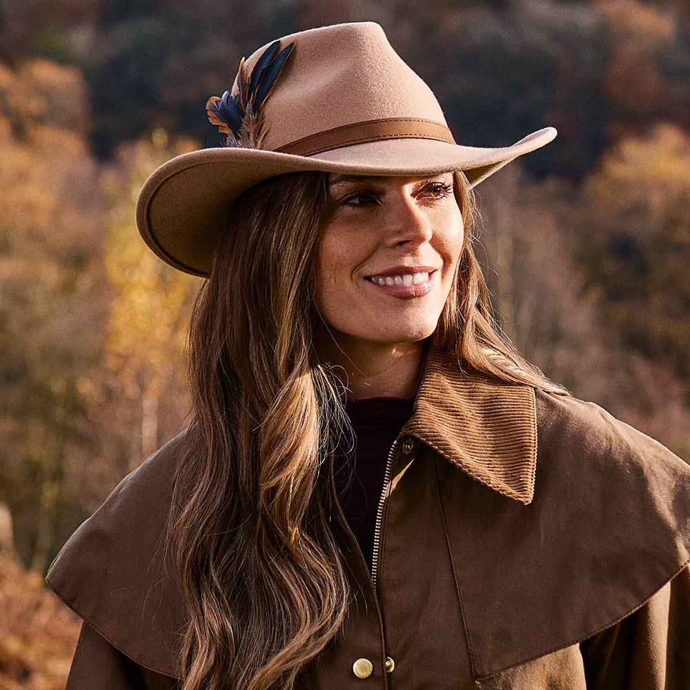 Failsworth Hats Showerproof Wool Felt Outback Hat With Feathers - Camel