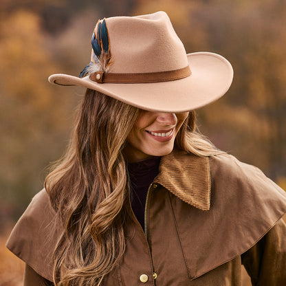 Failsworth Hats Showerproof Wool Felt Outback Hat With Feathers - Camel