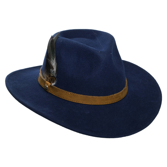 Failsworth Hats Showerproof Wool Felt Outback Hat With Feathers - Navy Blue