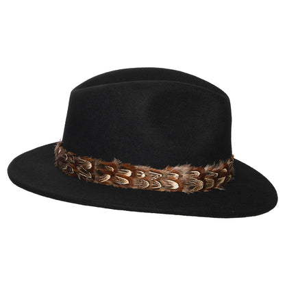 Denton Hats Kansas Crushable Water Repellent Wool Felt Fedora Hat With Feather Band - Black