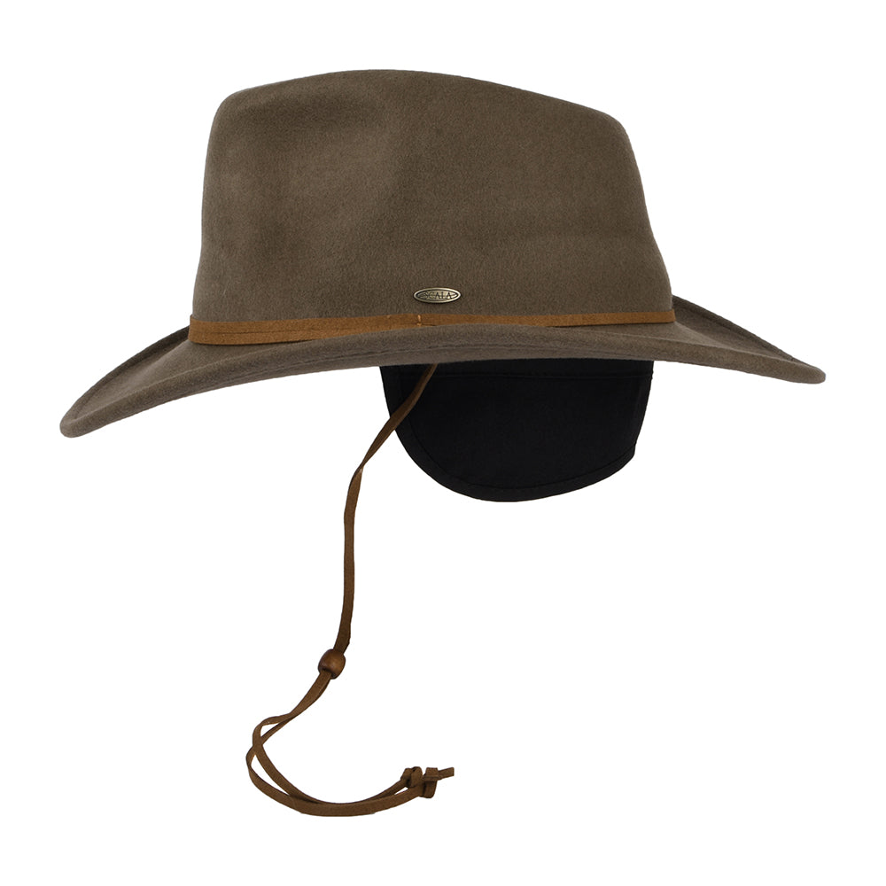 Scala Hats Crushable Water Repellent Wool Felt Outback Hat with Earflaps - Khaki