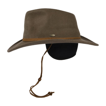 Scala Hats Crushable Water Repellent Wool Felt Outback Hat with Earflaps - Khaki