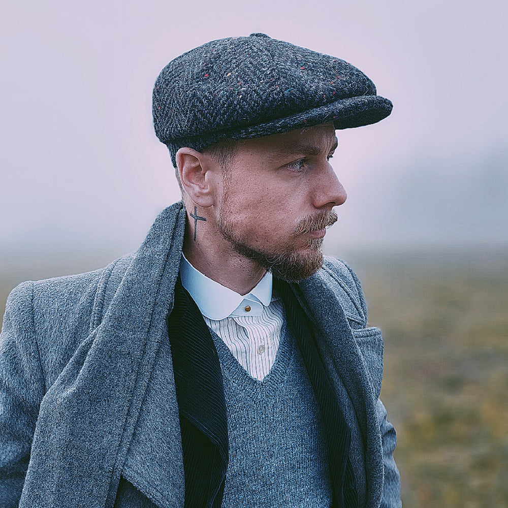 Jaxon & James Heavyweight Donegal Tweed Herringbone Errigal Newsboy Cap - Charcoal-Multi