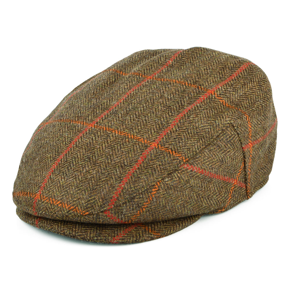 Failsworth Hats Windowpane Herringbone Waterproof Flat Cap - Olive-Orange-Red