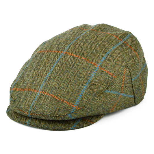 Failsworth Hats Windowpane Herringbone Waterproof Flat Cap - Moss-Orange-Blue