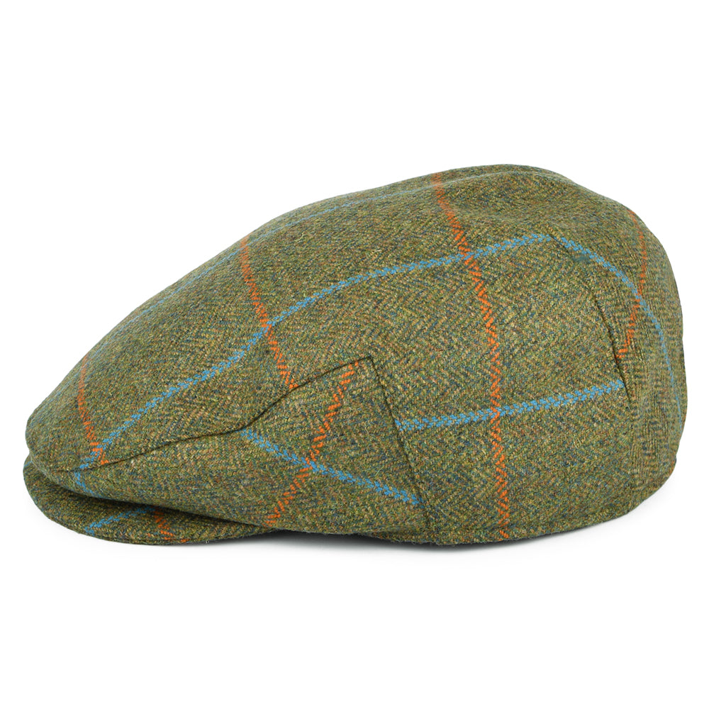 Failsworth Hats Windowpane Herringbone Waterproof Flat Cap - Moss-Orange-Blue