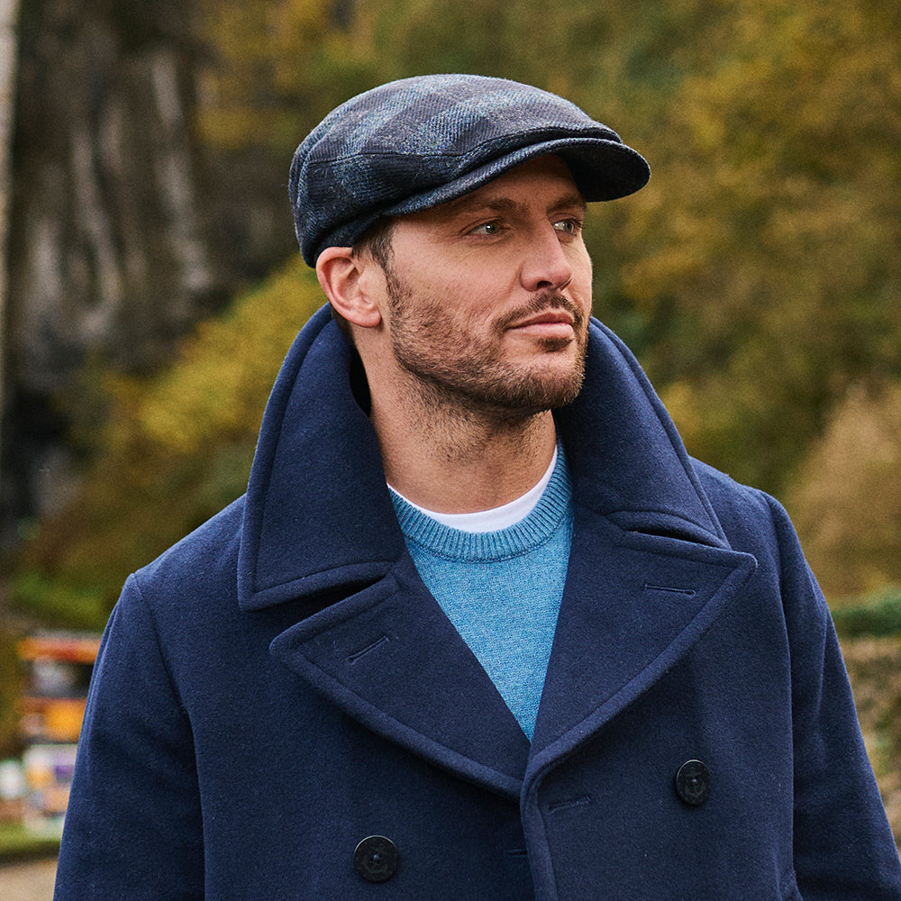 Failsworth Hats Longden Checked British Wool Flat Cap - Navy Blue