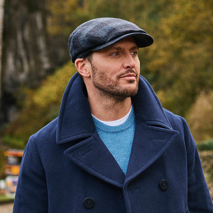 Failsworth Hats Longden Checked British Wool Flat Cap - Navy Blue