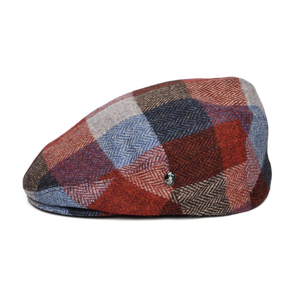 City Sport Donegal Tweed Herringbone Patch Flat Cap - Blue-Wine