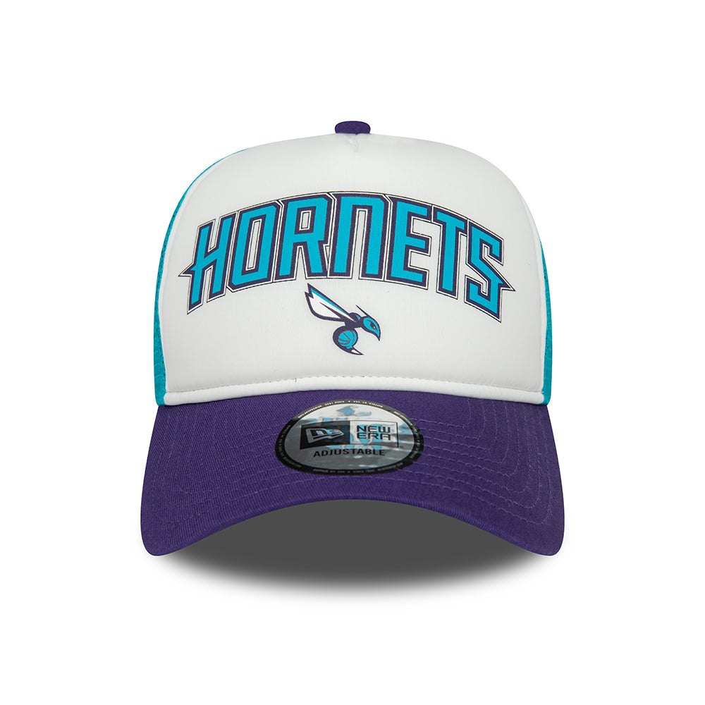 New Era Charlotte Hornets A-Frame Trucker Cap - NBA Retro - White-Purple-Teal