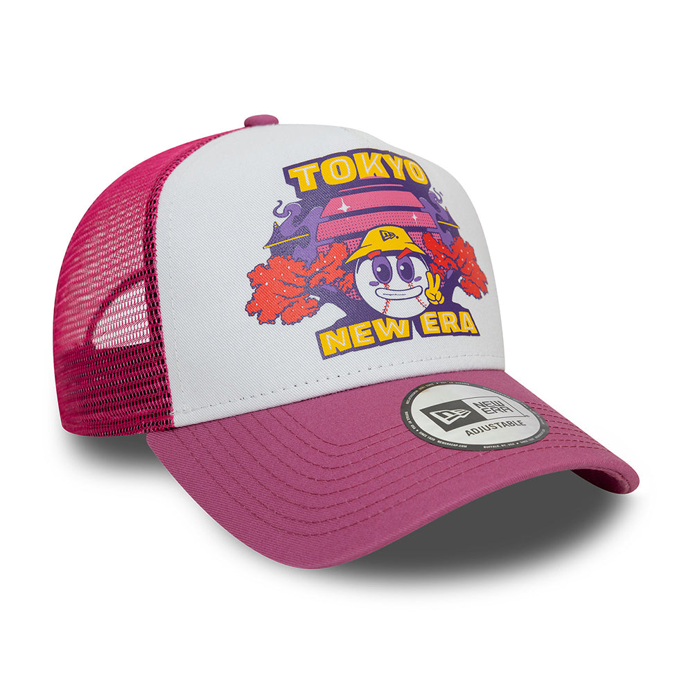 New Era Tokyo A-Frame Trucker Cap - Graphic Print - White-Pink