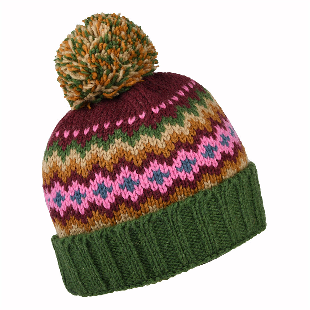 Kusan Turn Up Bobble Hat - Green-Purple-Mustard