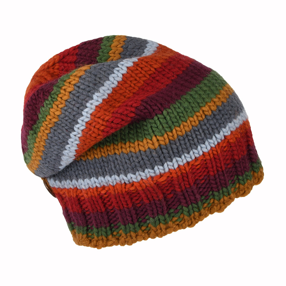 Kusan Striped Button Down Beanie Hat - Red-Plum-Grey