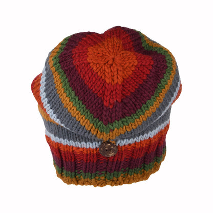 Kusan Striped Button Down Beanie Hat - Red-Plum-Grey