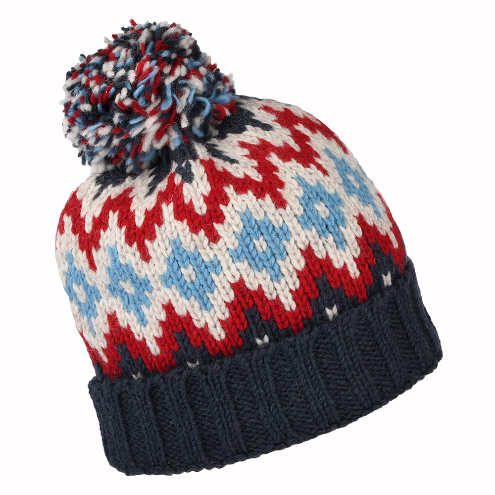 Kusan Diamond Turn Up Bobble Hat - Navy-Red-Cream