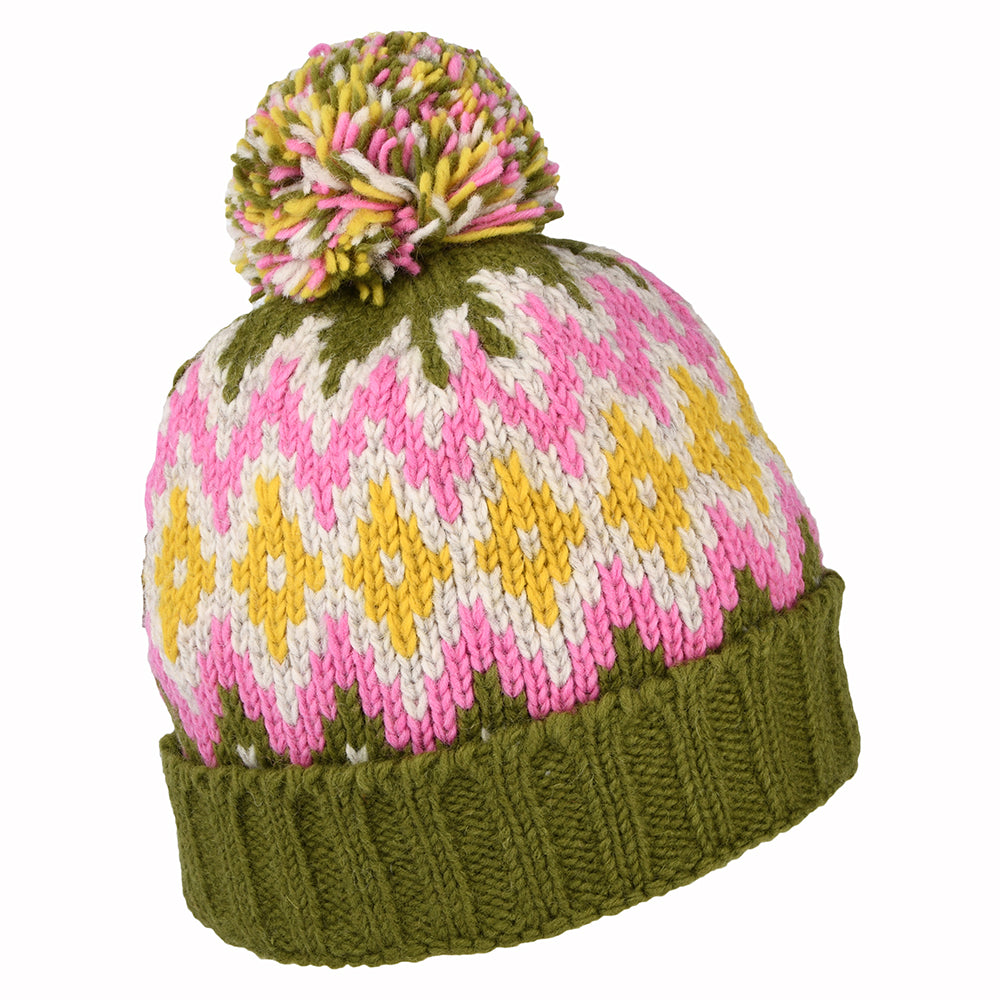 Kusan Diamond Turn Up Bobble Hat - Olive-Pink-Yellow