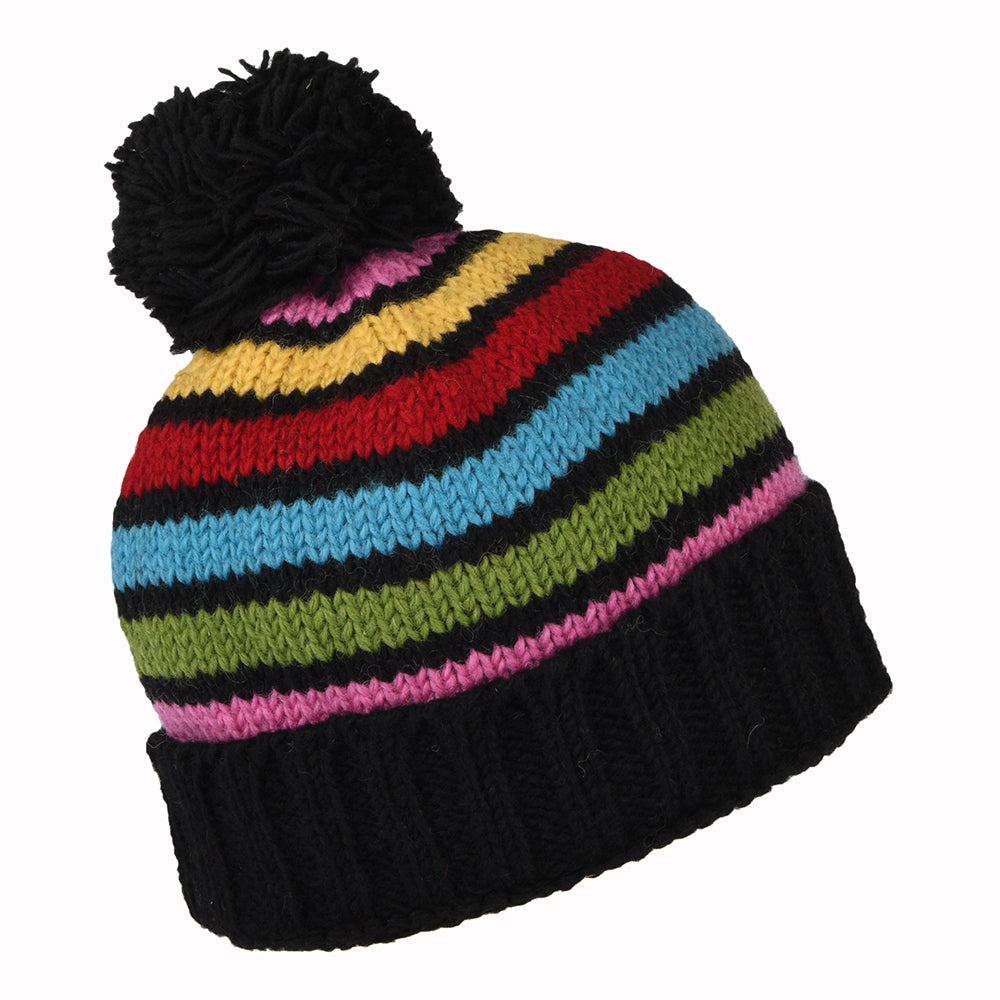 Kusan Striped Turn Up Bobble Hat - Grey-Pink-Blue