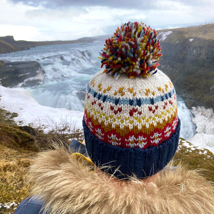 Kusan Mosaic Fair Isle Bobble Hat - Navy-Red-Cream