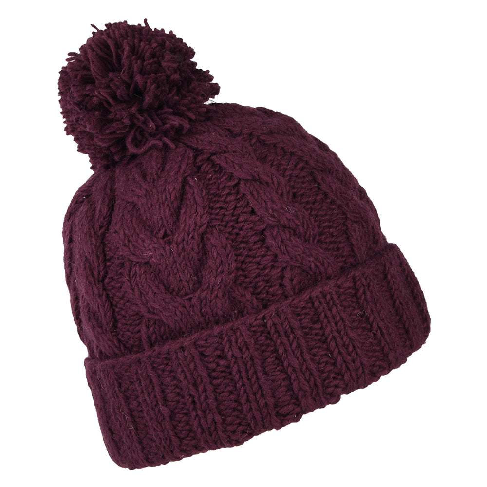 Kusan Cable Knit Turn Up Bobble Hat - Berry