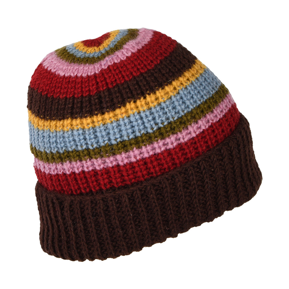 Kusan Cardi Rib Turn up Beanie Hat - Brown-Red-Blue