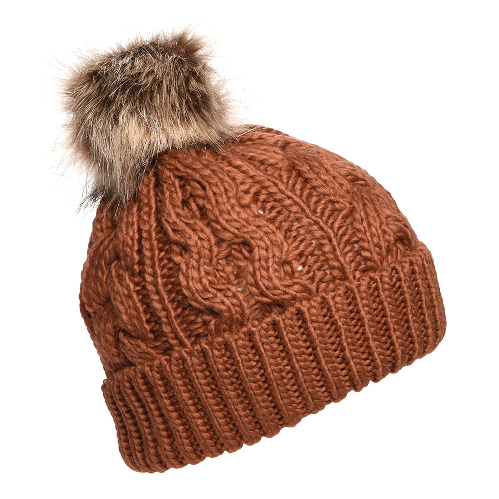 Barbour Hats Penshaw Cable Knit Faux Fur Pom Bobble Hat - Ginger