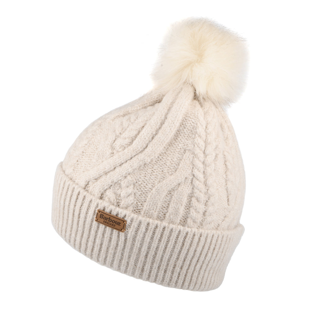 Barbour Hats Elsdon Cable Knit Faux Fur Pom Bobble Hat - Off White