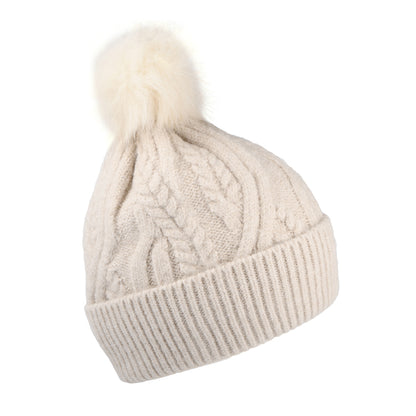 Barbour Hats Elsdon Cable Knit Faux Fur Pom Bobble Hat - Off White