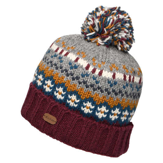 Kusan Mosaic Fair Isle Bobble Hat - Plum-Grey