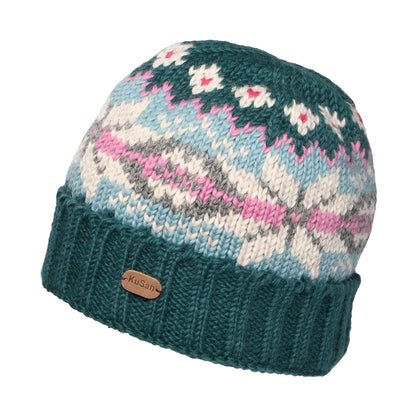 Kusan Snowflake Turn Up Beanie Hat - Teal-Aqua