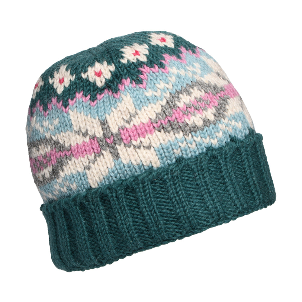 Kusan Snowflake Turn Up Beanie Hat - Teal-Aqua