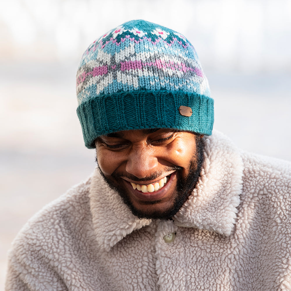 Kusan Snowflake Turn Up Beanie Hat - Teal-Aqua