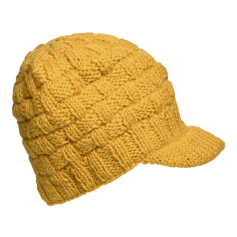 Kusan Basket Weave Peaked Beanie Hat - Yellow