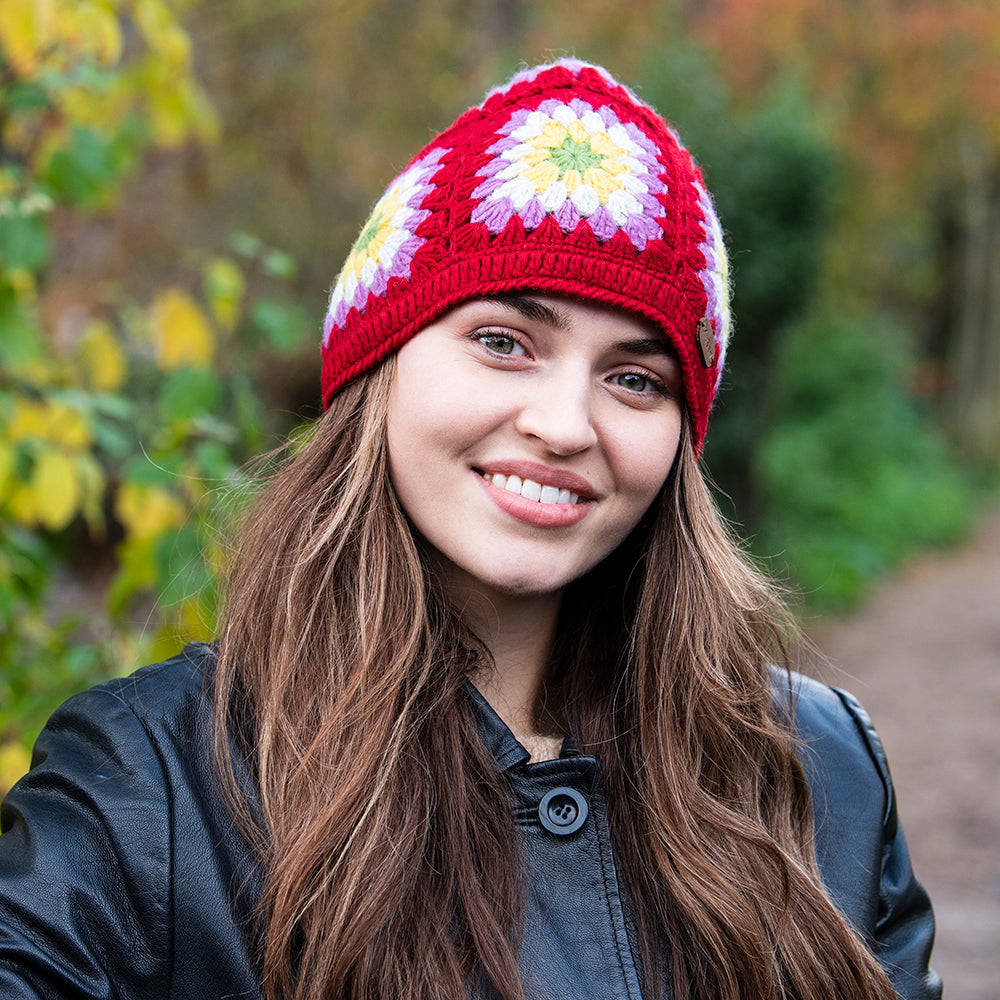 Kusan Granny Square Crochet Beanie Hat - Red