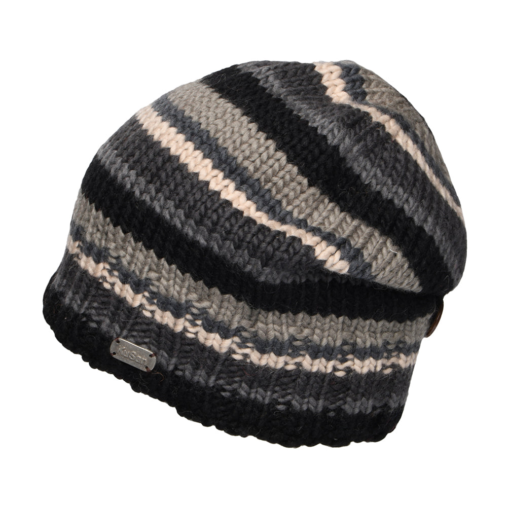 Kusan Striped Button Down Beanie Hat - Black-Grey