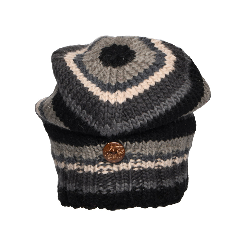 Kusan Striped Button Down Beanie Hat - Black-Grey