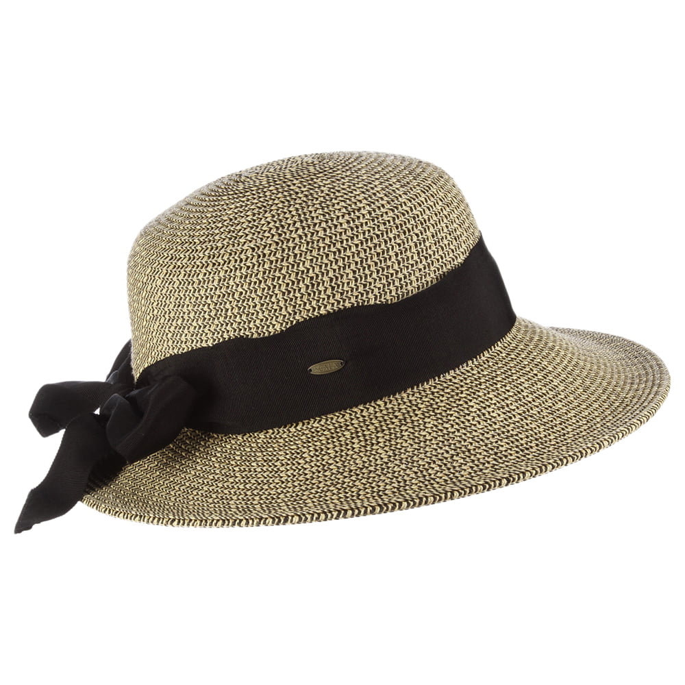 Scala Hats Straw Sun Hat With Grosgrain Bow - Wheat-Black