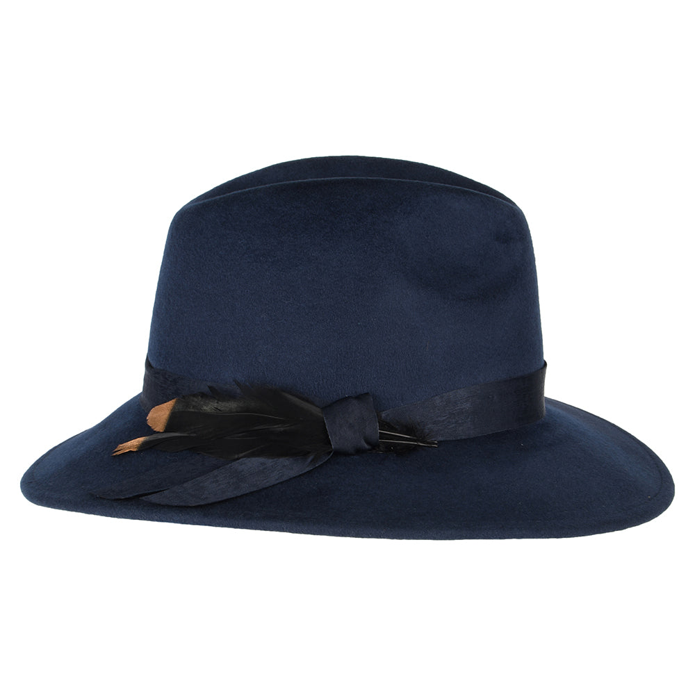 Failsworth Hats Showerproof Wool Felt Fedora Hat With Feather - Navy Blue