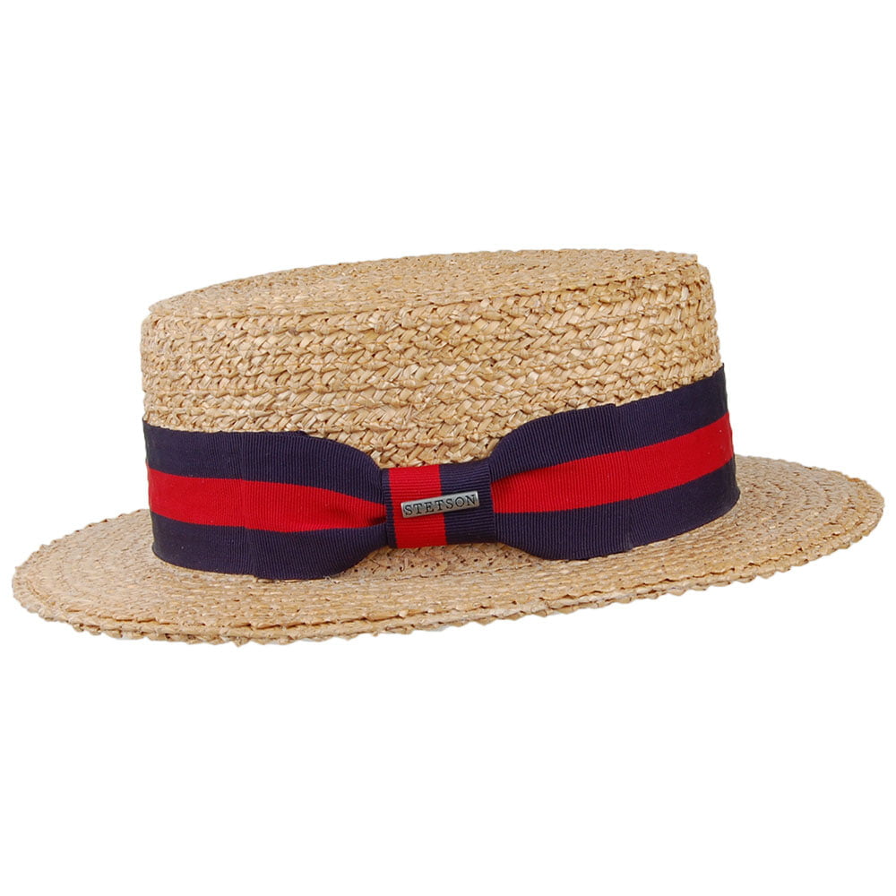 Stetson Hats Harlem Boater Hat with Blue and Red Band - Natural