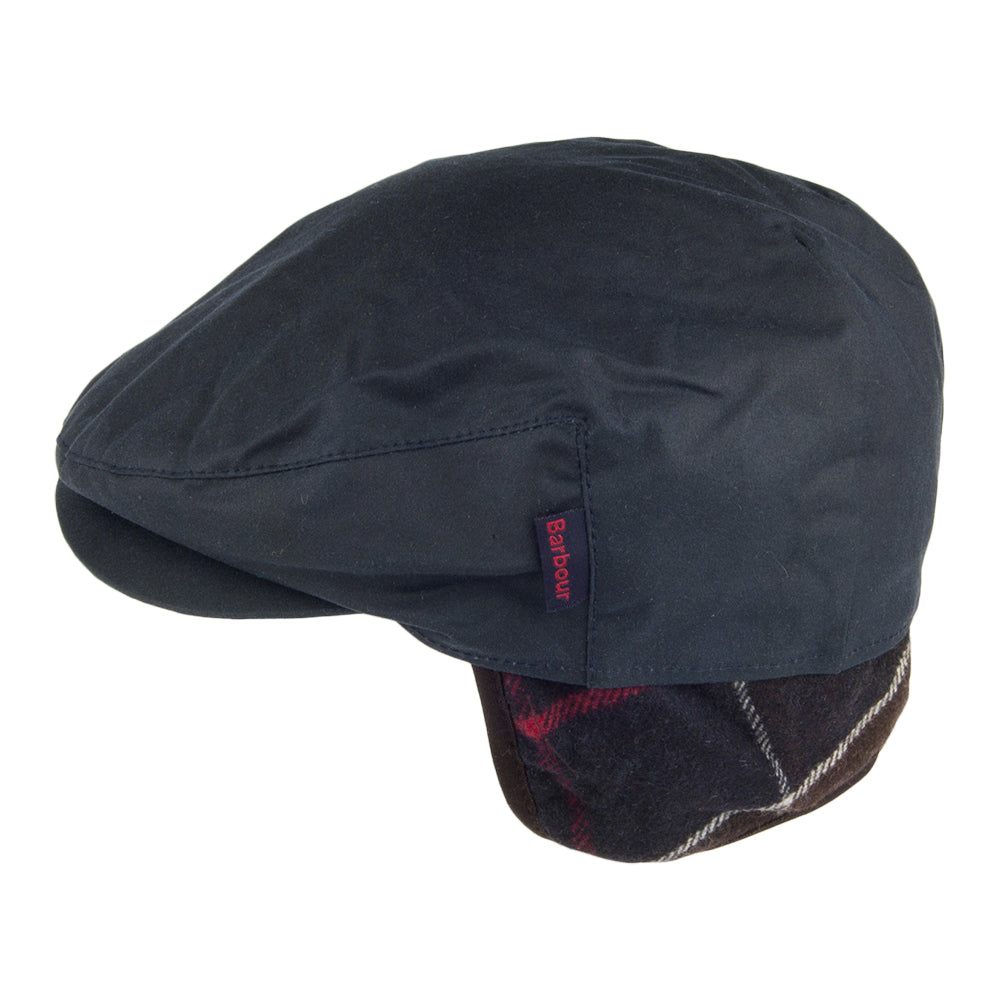 Barbour Hats Cheviot Waxed Cotton Flat Cap with Tartan Earflaps - Navy Blue