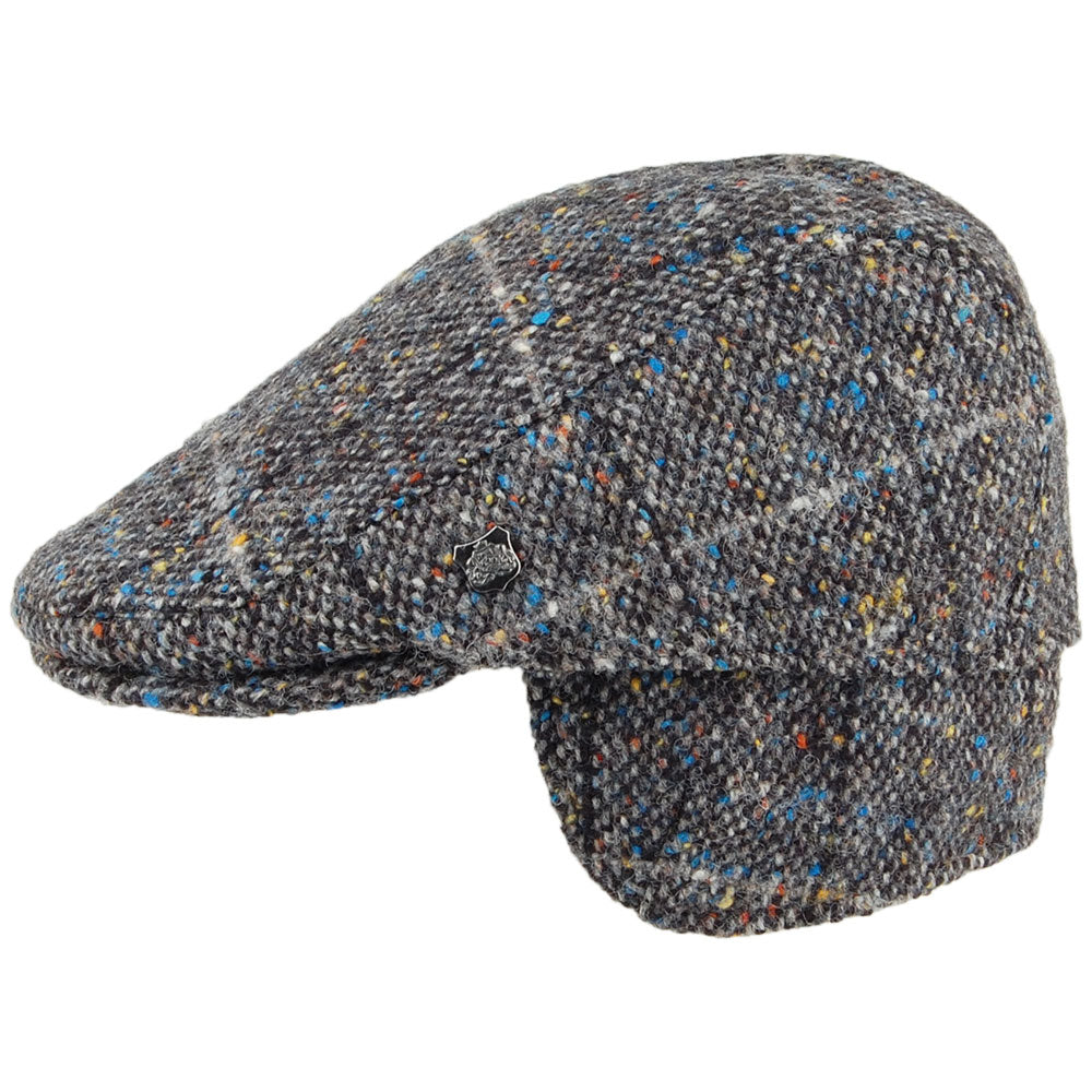 Failsworth Hats Oslo Donegal Tweed Windowpane Flat Cap With Earlaps - Grey Multi