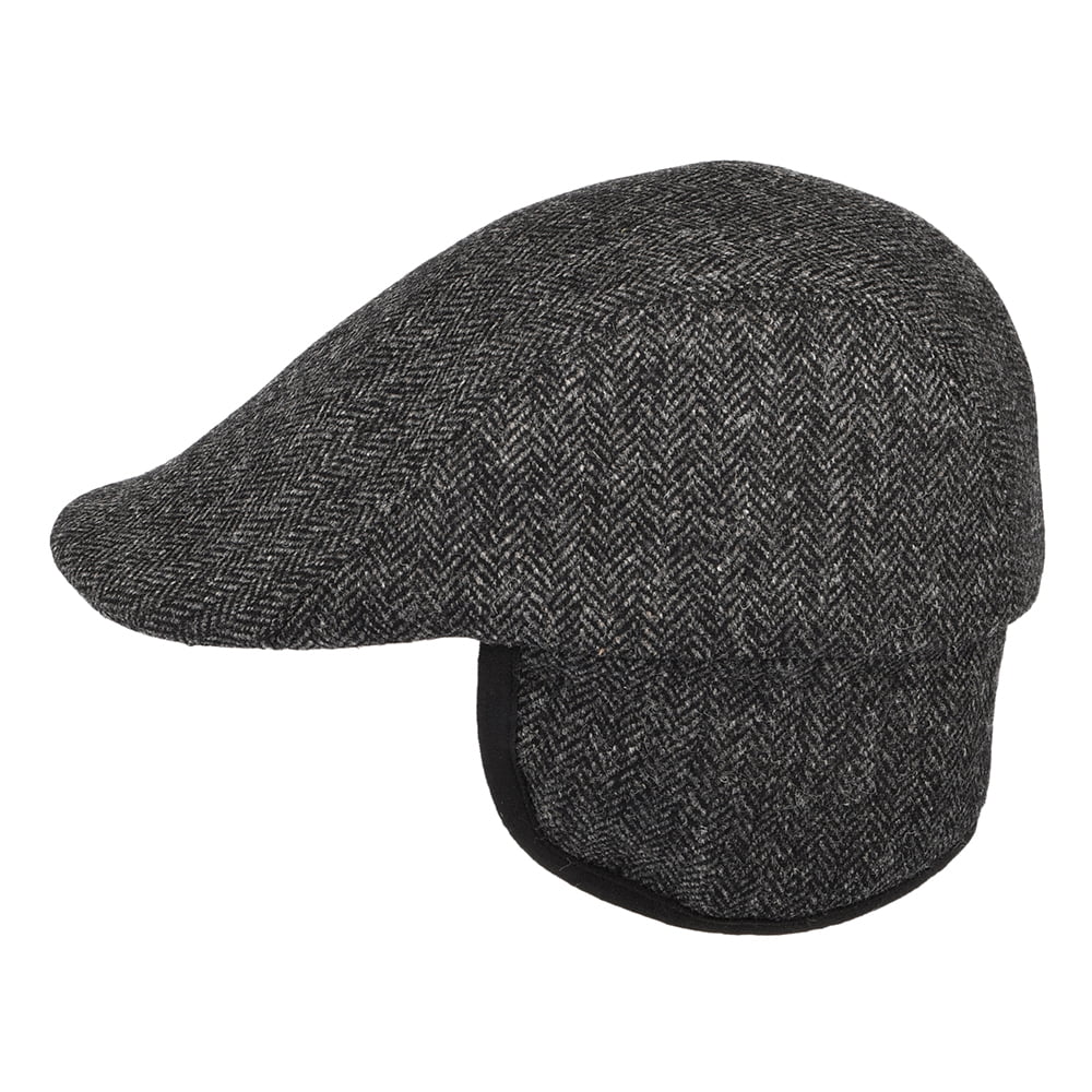 Christys Hats Spectator Tweed Herringbone Flat Cap with Earflaps - Grey