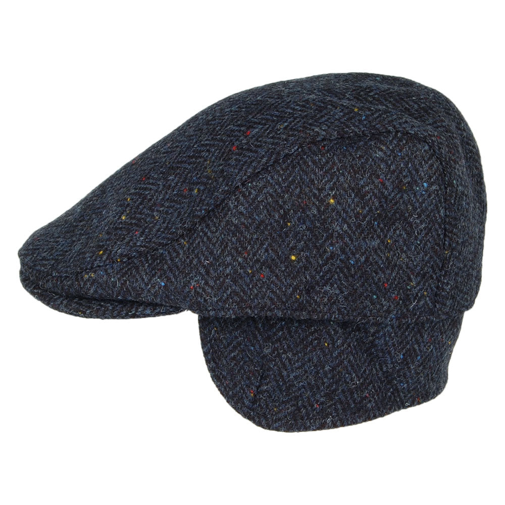 Failsworth Hats Harris Tweed Herringbone Oban Flat Cap with Earflaps - Navy Blue