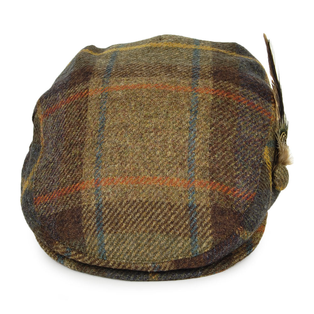 Failsworth Hats British Wool Tartan Feather Flat Cap - Olive-Multi