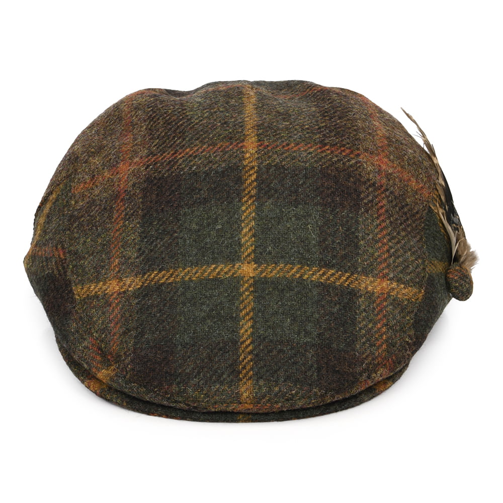 Failsworth Hats British Wool Tartan Feather Flat Cap - Green-Multi