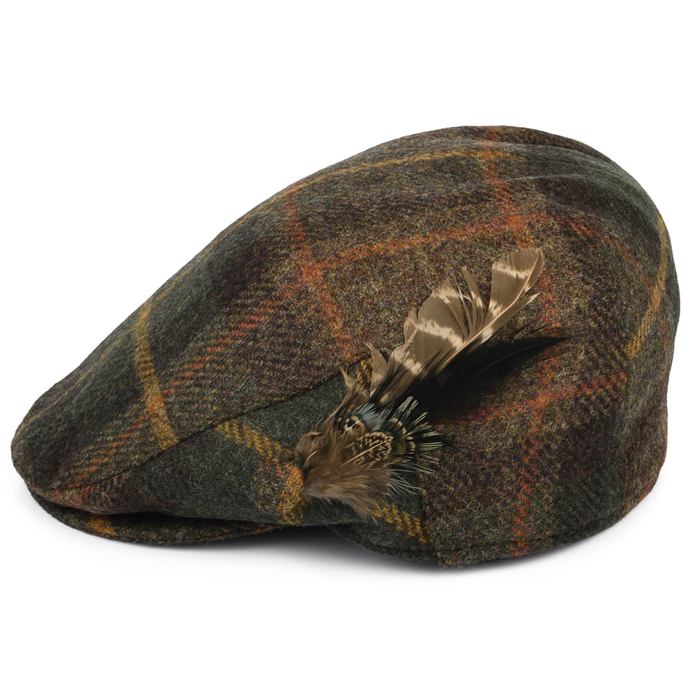 Failsworth Hats British Wool Tartan Feather Flat Cap - Green-Multi