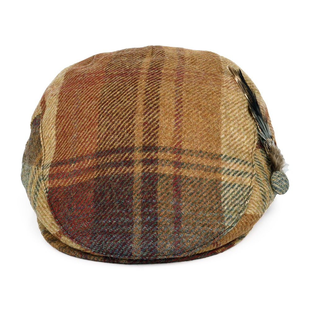 Failsworth Hats British Wool Tartan Feather Flat Cap - Mustard-Multi