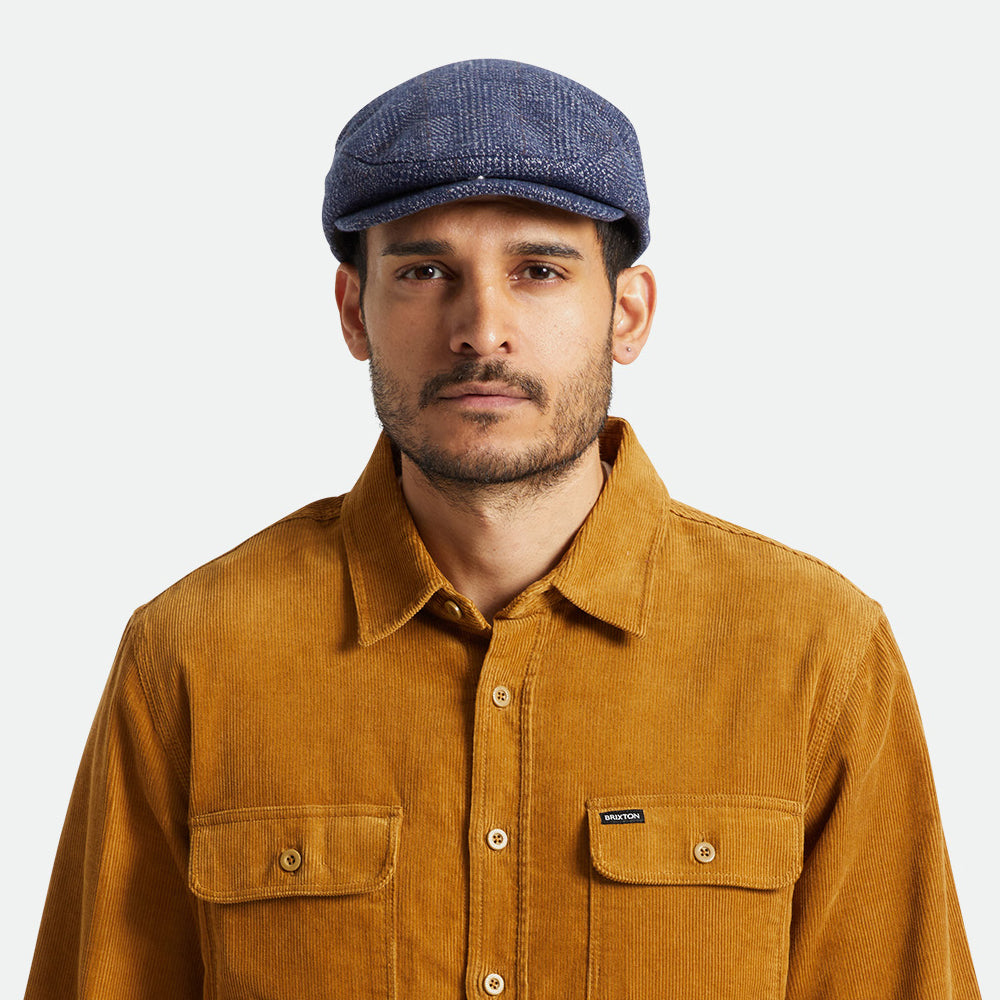 Brixton Hats Hooligan Windowpane Flat Cap - Navy-Off White