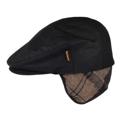 Barbour Hats Cheviot Waxed Cotton Flat Cap with Tartan Earflaps - Black