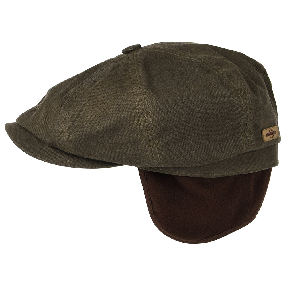 Stetson Hats Hatteras Vintage Waxed Cotton Newsboy Cap With Earflaps - Olive